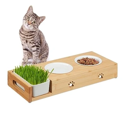 Image of Relaxdays Cat Feeding Station, with Pet Grass, 2 Ceramic Bowls 250 ml each, Dishwasher Safe, Stand, Natural/White, Bamboo, 6.5 x 44 18 cm