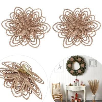 Image of Snow White Plastic Clip On Flower Hanging Decoration Christmas Tree Ornaments Xmas 2Pk 10cm (Rose Gold)