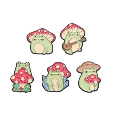 Image of 5pcs Cartoon Cute Mushroom Frog Enamel Pins Singer Playing Guitar Froggy Pin Funny Animal Brooches Bag Lapel Badges Plant Jewelry Friends Gift
