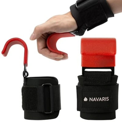 Image of Navaris Weight Lifting Hook Straps Pair of Weightlifting Wrist Support with Hooks Neoprene Grips for Deadlifts, Chin Ups, Training Red