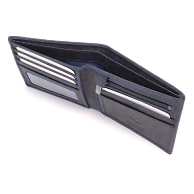 Image of VISCONTI Men&#039;s Small Bifold Leather Wallet RFID Protected 6 Credit Card Slots, Note Section &amp; Coin Pocket Gift Boxed 707 Shield Oil Blue