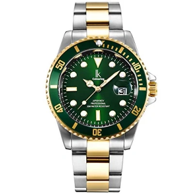 Image of Alienwork Watch Men Women Silver Stainless Steel Metal Strap Gold Calendar Date Green Elegant
