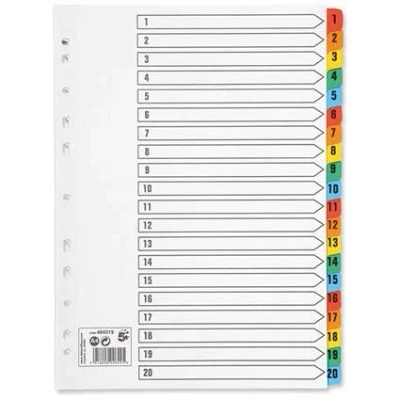 Image of 5 x Set Of A4 File Dividers Numbered 1 20 Plastic Tabs