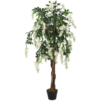 Image of &#039;vidaXL Artificial Wisteria Tree Plant with 840 Green and White Leaves, Decorative for Indoor Outdoor Use, Complete Wooden Trunk Firm Plastic Pot
