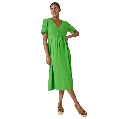 Image of Roman Originals Cotton Broderie Sleeve Midi Dress for Women UK Ladies Everyday Holiday Spring Summer V Neckline Comfy Soft Evening Vacation Work Party Green Size 10