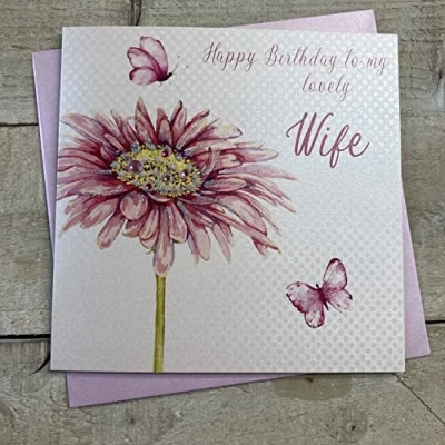 Image of WHITE COTTON CARDS Pink Gerbera to My Lovely Wife Happy Handmade Birthday Card, White, WS43,16cm x 16cm