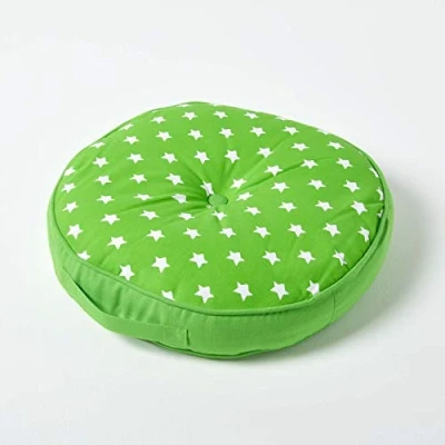 Image of HOMESCAPES Green Round Floor Cushion Large Decorative Circular Children’s &amp; Garden Seat Pad with Star Pattern, Pre Filled 100% Cotton Indoor and Outdoor Cushion, 43cm