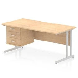 Image of Impulse 1600 x 800mm Scalloped Edge Straight Office Desk Maple Top Silver Cantilever Leg Workstation 1 3 Drawer Fixed Pedestal