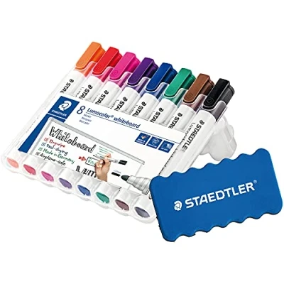 Image of Staedtler Lumocolor 351 WP8 Whiteboard Marker (Bullet Tip Approx. 2 mm Line Width, Set of 8 Colours (1 Pack, Eraser)