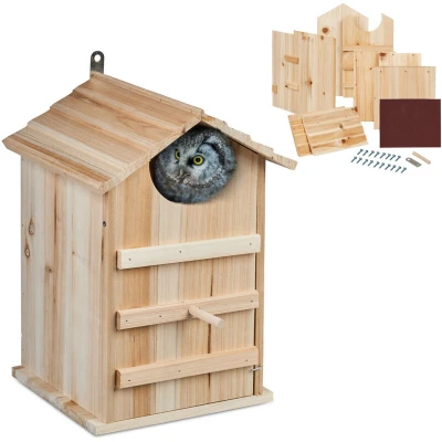 Image of Relaxdays Owl Nesting Box, Wooden, with Entrance Hole HxW: 9.5 x cm, Hinged, Bird House Kit for Hanging Up, Natural, Wood, 38.5 25 28 cm