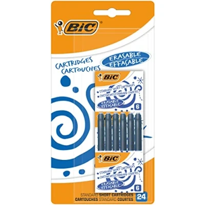 Image of BIC Standard Short Ink Cartridges for Fountain Pens Erasable Blue Blister Pack of 24