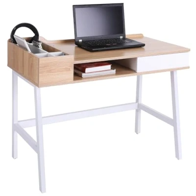 Image of HOMCOM Computer Desk, Writing Study Workstation with Drawer, Storage Compartments, Cable Management, Laptop Table, Metal Frame, 100 x 55 81.5cm, Oak and White