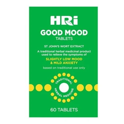 Image of HRI Good Mood 60 Tablets to Relieve The Symptoms of Slightly Low and Mild Anxiety 334 mg St John&#039;s Wort Extract, Equivalent 1670mg 2338mg John’s Wort. 1 Pack