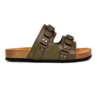 Image of Womens Flat Slip On Buckle Straps Slider Ladies Summer Holiday Cork Footbed Flip Flops Mule Khaki Sandals Size 7