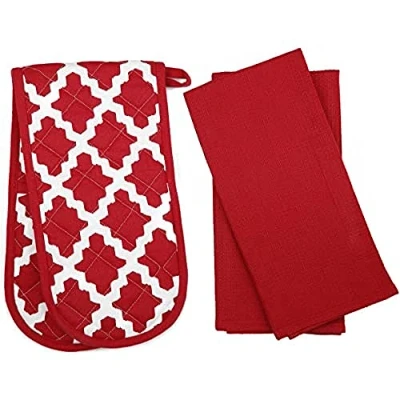 Image of Penguin Home Heat Resistant Oven Gloves with Set of 2 Tea Towel, Mitt &amp; Potholder for Cooking Maximum Protection/Kitchen Accessories(Diamond Red) Size (18x90 65x45 cm)