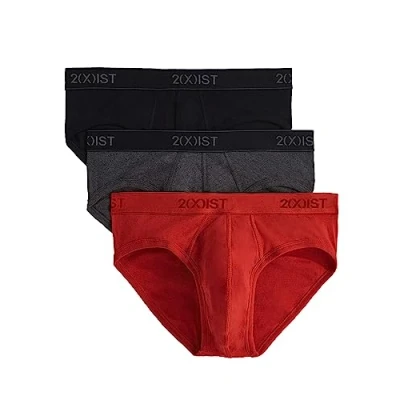 Image of 2(X)IST mens Essential Cotton No Show Brief 3 pack, Black/Charcoal Heather/Poppy Red, S