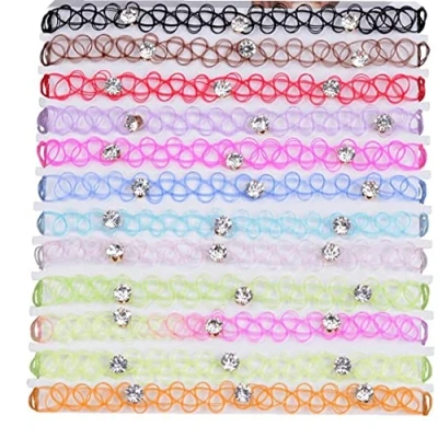 Image of Casiler 12pcs Plastic Choker Necklace Set Henna Tattoo Stretch Elastic Lace Jewelry Women Multicolor Beaded Gift