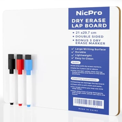Image of Nicpro Dry Erase Mini Whiteboard A4, 22 x 30 cm Double Sided Lapboard with 3 Water Based Pens Learning Small White Board Portable Drawing Writing for Kid Student and Classroom Use