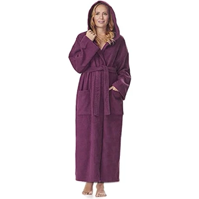 Image of Women`s bathrobe with Hood, Astra, calf length or ankle length, 100% cotton terry towelling plum Size: Women M (Unisex S M)