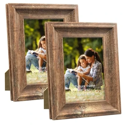 Image of PETAFLOP Rustic Picture Frame 6x4 Inch Set of 2, Wall and Table Frames, Brown