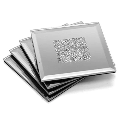 Image of Angraves Lustre Silver Sparkle Glitter Mirrored Glass Coaster Set of 4