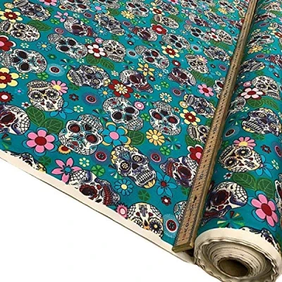Image of 100% Cotton Superior Poplin Fabric Candy Sugar Aztec Skull Material 45&quot; Wide (Blue Skulls) (ONE METRE)