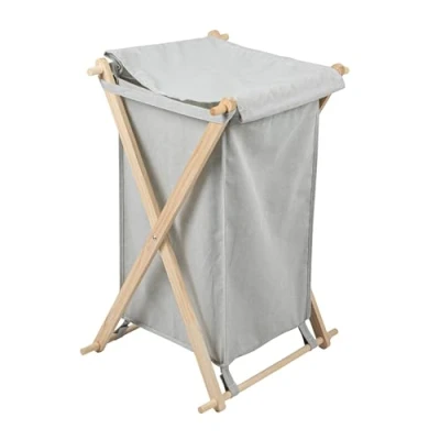 Image of Household Essentials X Frame Wood Laundry Hamper, Folding with Washable Gray Poly Cotton Bag Large