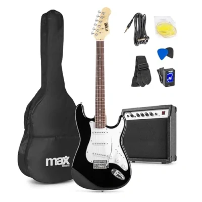 Image of MAX Beginner Electric Guitar Kit with Amplifier &amp; Accessories Complete Starter Pack, Black Perfect for Kids Adults, 6 Months Free Lessons