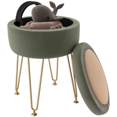 Image of HOMCOM 5L Velvet Storage Ottoman, Modern Round Footstool with Metal Hairpin Legs and Removable Lid for Hallway, Bedroom, Living Room, Green