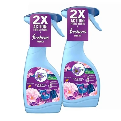 Image of Fabric Freshener Spray Bulk Buy Pack of 2 x 500ml Exotic Bloom Water Based Formula Spray, Carpet Bundle. Great Odour Eliminator, Room Fresheners For Home with Topline Card.