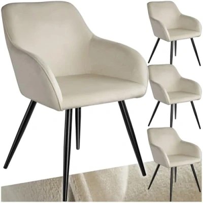 Image of TecTake® Set of 4 Dining Chairs in Velvet Look with Steel Legs, Thickly Padded Armchairs, Ergonomic Design &amp; Easy Assembly Ideal as Dining, Living Room, Bedroom Desk Cream/Black