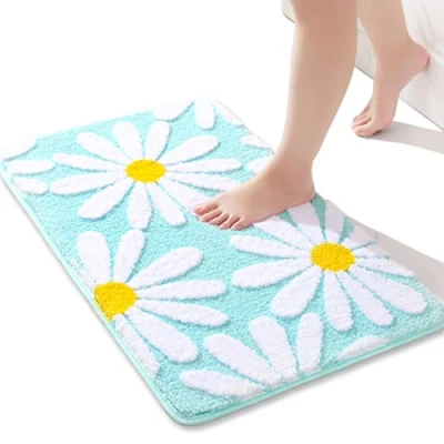 Image of QJHOMO Green Bath Mat White Flower Rug 40 x 60 cm, Non Slip Mats for Bathroom, Soft Microfiber Bathroom Mat, Machine Washable Durable Bathmat, Super Absorbent Floor Shower