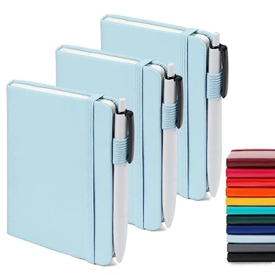 Image of feela 3 Pack A6 Pocket Notebooks, Hardback Lined Small Notebooks with Dividers and Black Pens, Classic Ruled Mini Notepads Journal Bulk, for Office School Writing Plans Memos, 9 X 14cm, Light Blue