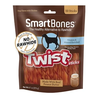 Image of SmartBones Smart Twist Sticks With Peanut Butter 50 Count, Rawhide Free Chews For Dogs, SBTT 02943, count