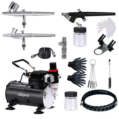 Image of Sagud Airbrush Set with Compressor, Gun Double Action 3 Airbrushes 0.2 mm 0.3 0.8 Nozzle and Needle for Hobby, Model Making, Nails, Professional Starter