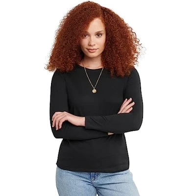 Image of Hanes Women&#039;s Originals Long Sleeve Cotton T Shirt, Lightweight Crewneck Tee, Modern Fit, Ebony, S