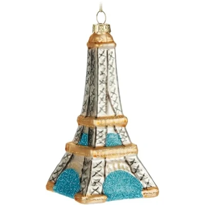 Image of BRUBAKER Eiffel Tower Hand Painted Glass Christmas Bauble Paris Decoration 5.5 inches (14 cm) White, Gold and Blue Mouth Blown Tree Figure Funny Pendant