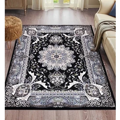 Image of householdfurnishing Vintage Traditional Rug Floral Pattern Carpet Bedroom Mat Living Room Rugs Exquisite Persian Style Wide Area Hallway Runner (Black, 240 X 320 cm Large Rug)