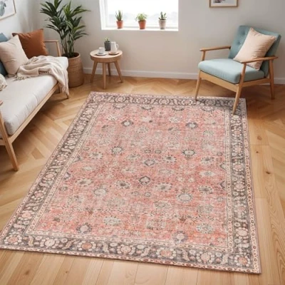 Image of Livabliss Terjit Machine Washable Rug Vintage Area Rugs Living Room, Large 120x170 cm Traditional Boho Style, Dining Kitchen, Outdoor, Hallway Rust, Brown, Charcoal