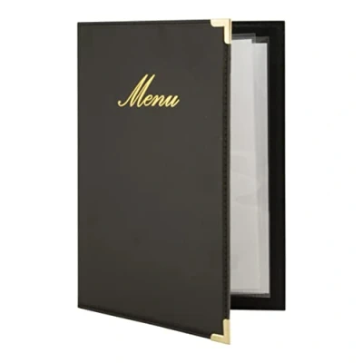 Image of Securit Premium Faux Leather A5 Menu Holder 4 Pages to View Elegant Display Folder for Food and Drinks Ideal Restaurants, Cafe or Bar (Black)