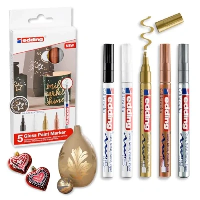 Image of edding 753 gloss paint marker calligraphy multi coloured 5 markers nib 1 2.5 mm for glass, stone, plastic, paper waterproof, highly opaque bullet journals, hand lettering