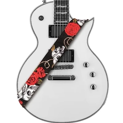 Image of Amumu Skull Rose Guitar Strap Red Denim for Acoustic, Electric and Bass Guitars with Blocks &amp; Headstock Tie 2&quot; Wide