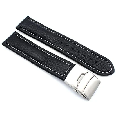 Image of Sulla Watch strap genuine leather with stainless steel folding clasp, white stitching, 20mm, Black stitching