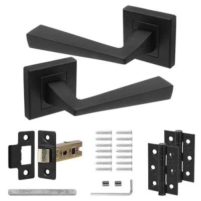 Image of Decoranddecor Helix Internal Door Lever Matt Black Metal Handles On Square Rose with Latch and Hinge Kit