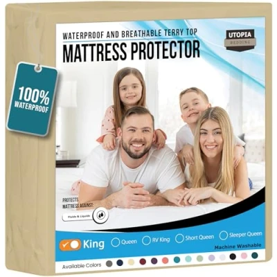 Image of Utopia Bedding Waterproof Mattress Protector King Size, Premium Terry Cover 200 GSM, Breathable, Fitted Style with Stretchable Pockets (Beige)