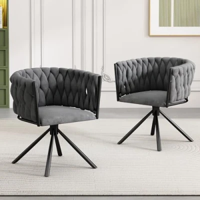 Image of ModernLuxe Dining Chairs Set of 2, 360 Swivel Chairs, Light Luxury Kitchen with Curved Backrest and Metal Support Legs, Velvet for Living Room Vanity, Grey