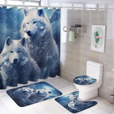 Image of FOCCAR Wild Wolf Shower Curtain Sets for Bathroom, 4 Pieces Blue Fantasy Mountain Animal Bathroom Decor Set Waterproof Curtains with 12 Hooks Toilet Lid Rug And Bath Mat