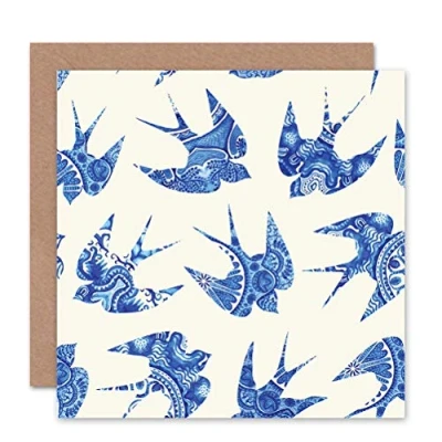 Image of Wee Blue Coo Birds Swallows China Pattern Birthday Art Sealed Greeting Card Plus Envelope Blank inside