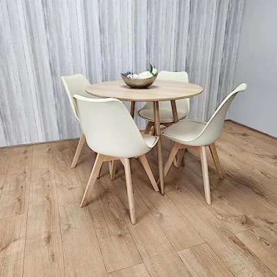 Image of KOSY KOALA Round Oak Effect Kitchen Dining Table With 4 Cream Tulip Chairs Set
