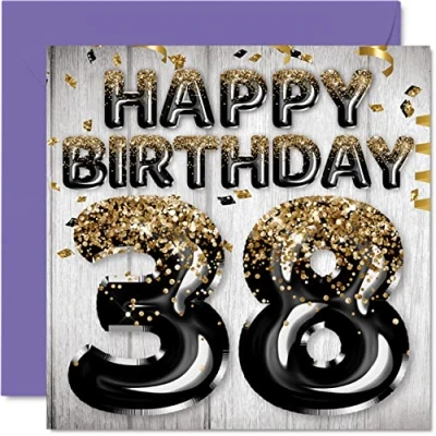 Image of 38th Birthday Card for Men Black &amp; Gold Glitter Balloons Happy Cards 38 Year Old Man Friend Brother Dad Uncle, 145mm x Thirty Eight Eighth Bday Greeting Gift